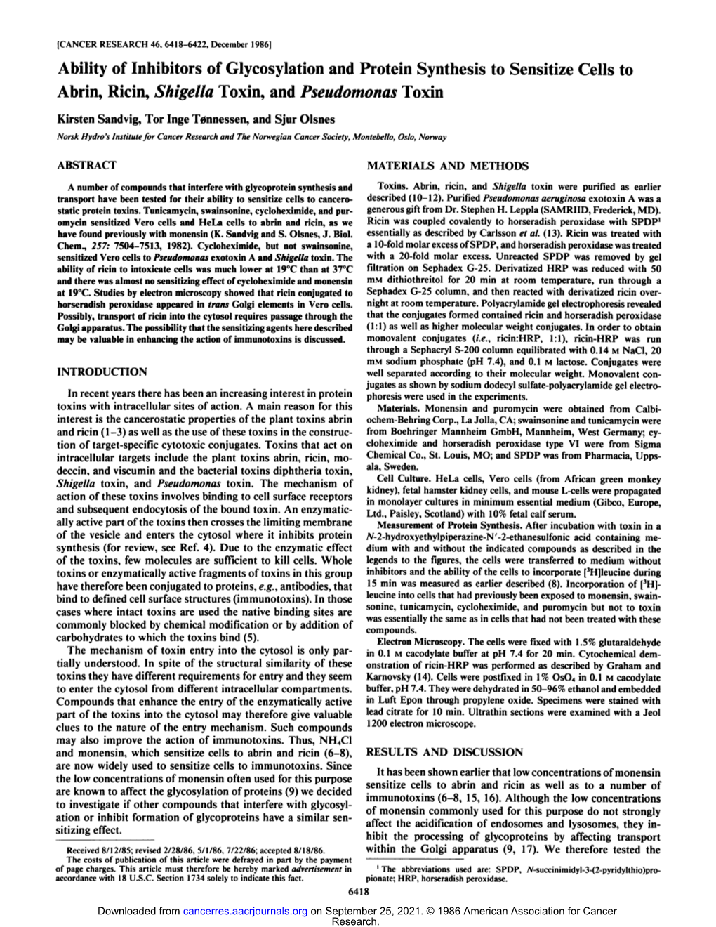 Ability of Inhibitors of Glycosylation and Protein Synthesis to Sensitize Cells to Abrin, Ricin, Shigella Toxin, and Pseudomonas Toxin