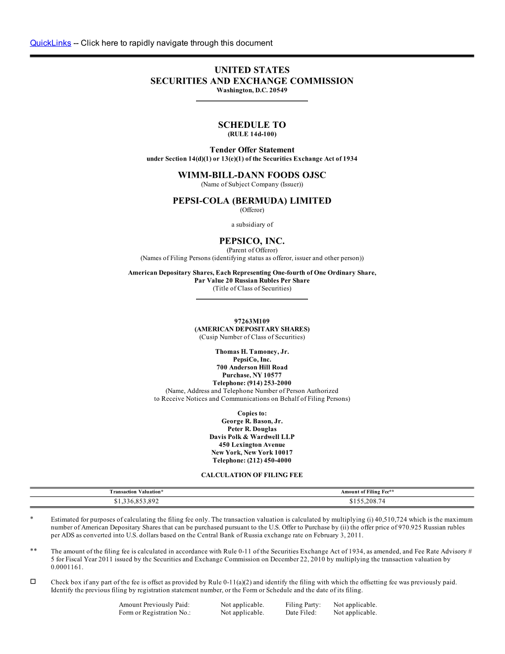 United States Securities and Exchange Commission Schedule to Wimm-Bill-Dann Foods Ojsc Pepsi-Cola