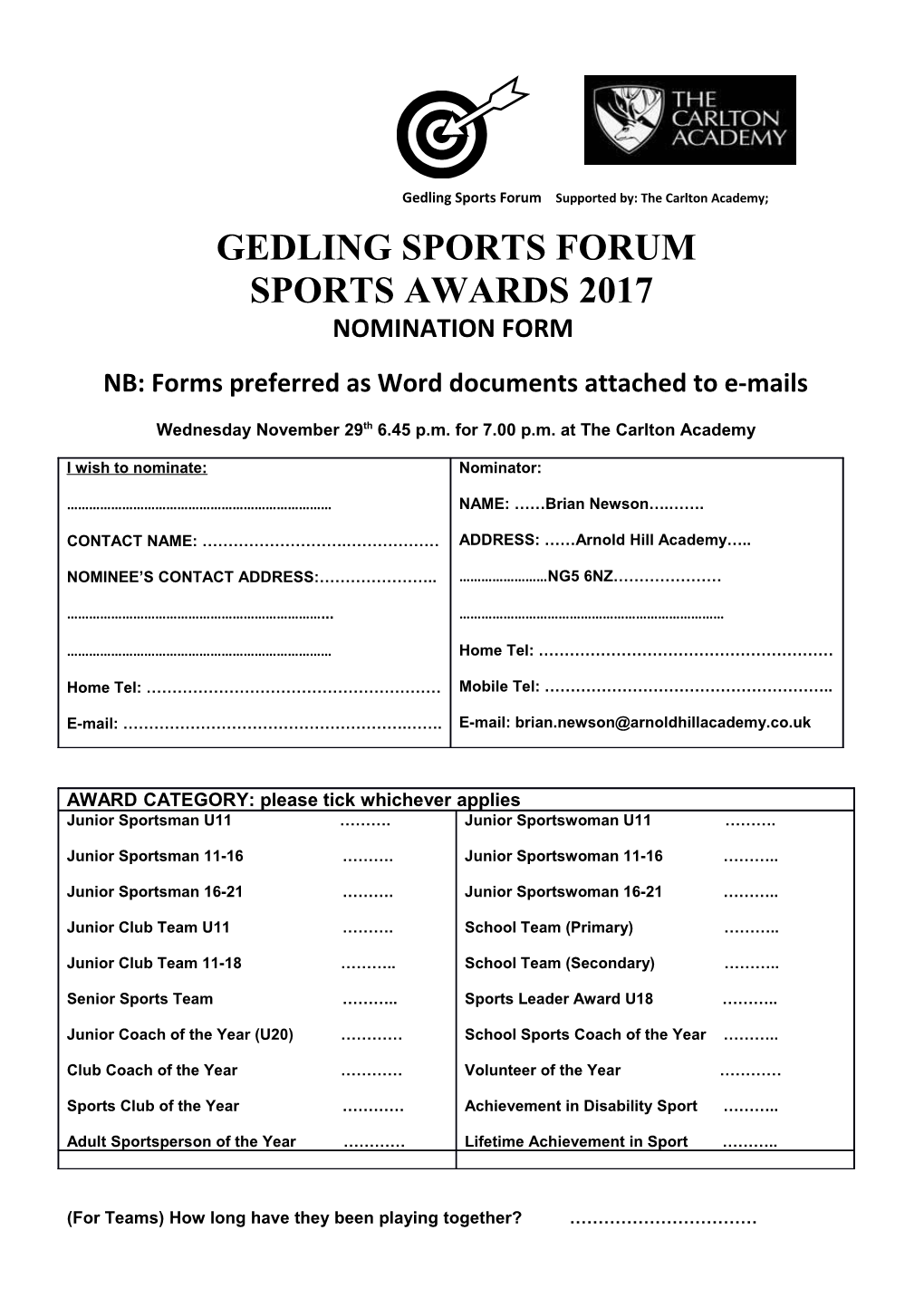 Gedling Sports Forum Supported By: the Carlton Academy;