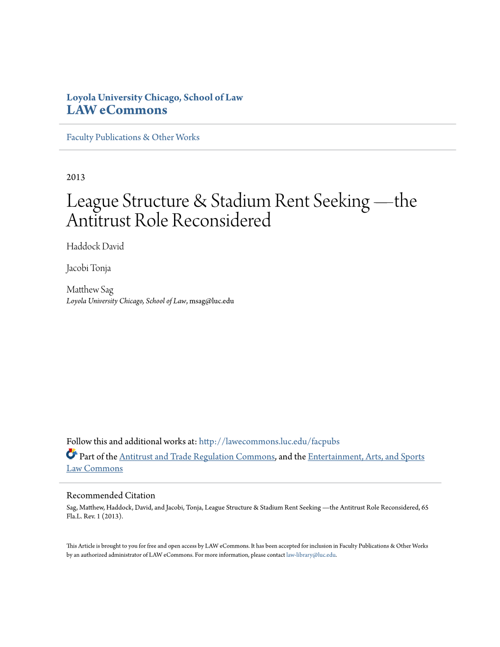 League Structure & Stadium Rent Seeking