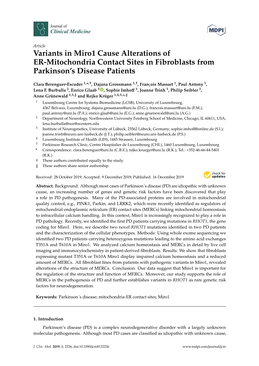 Variants in Miro1 Cause Alterations of ER-Mitochondria Contact Sites in Fibroblasts from Parkinson’S Disease Patients