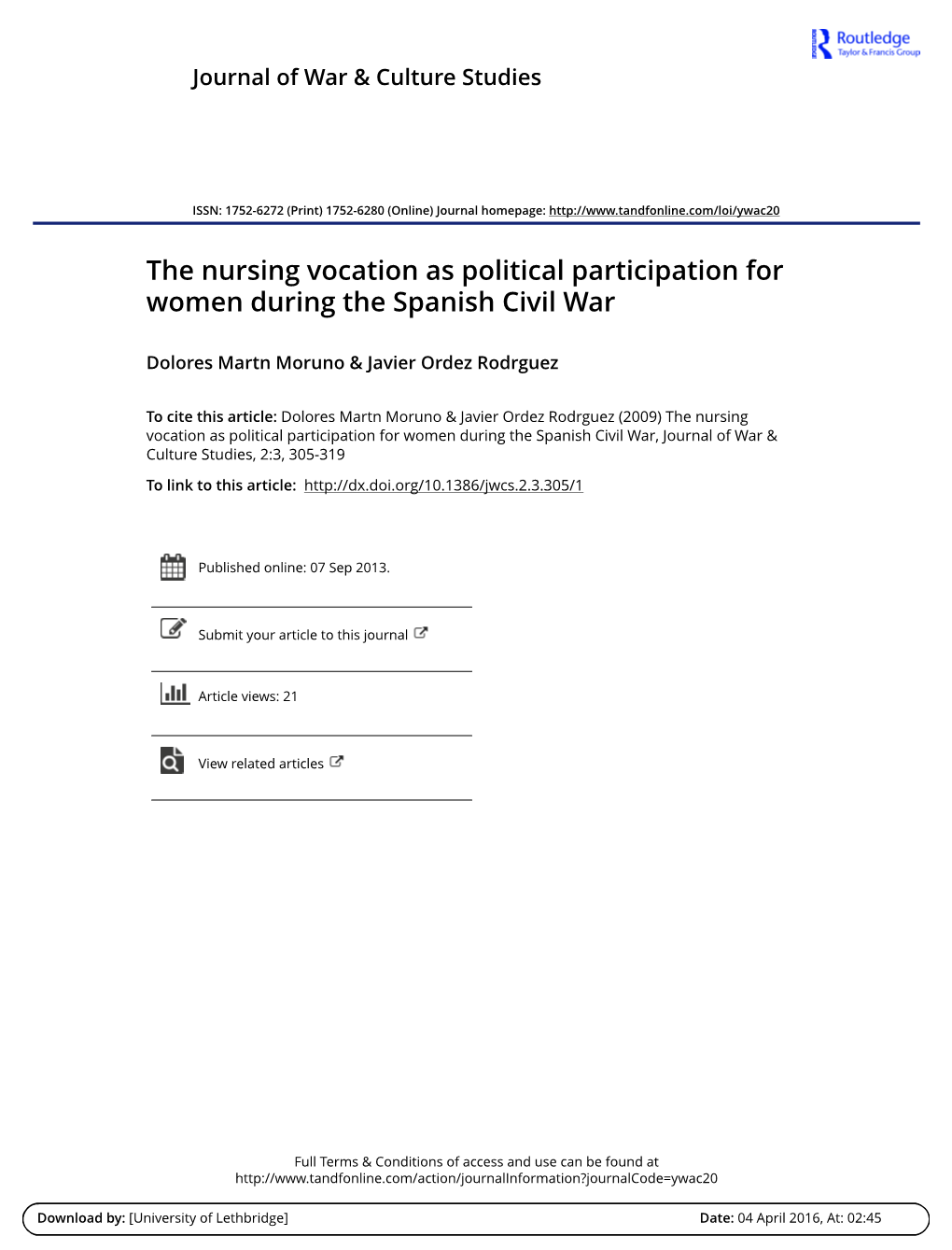 The Nursing Vocation As Political Participation for Women During the Spanish Civil War