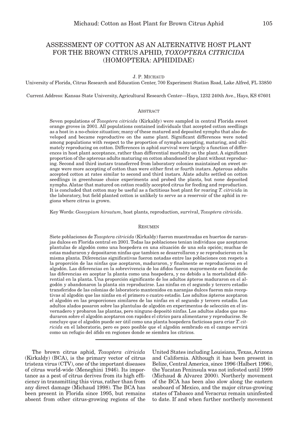 Assessment of Cotton As an Alternative Host Plant for the Brown Citrus Aphid, Toxoptera Citricida (Homoptera: Aphididae)