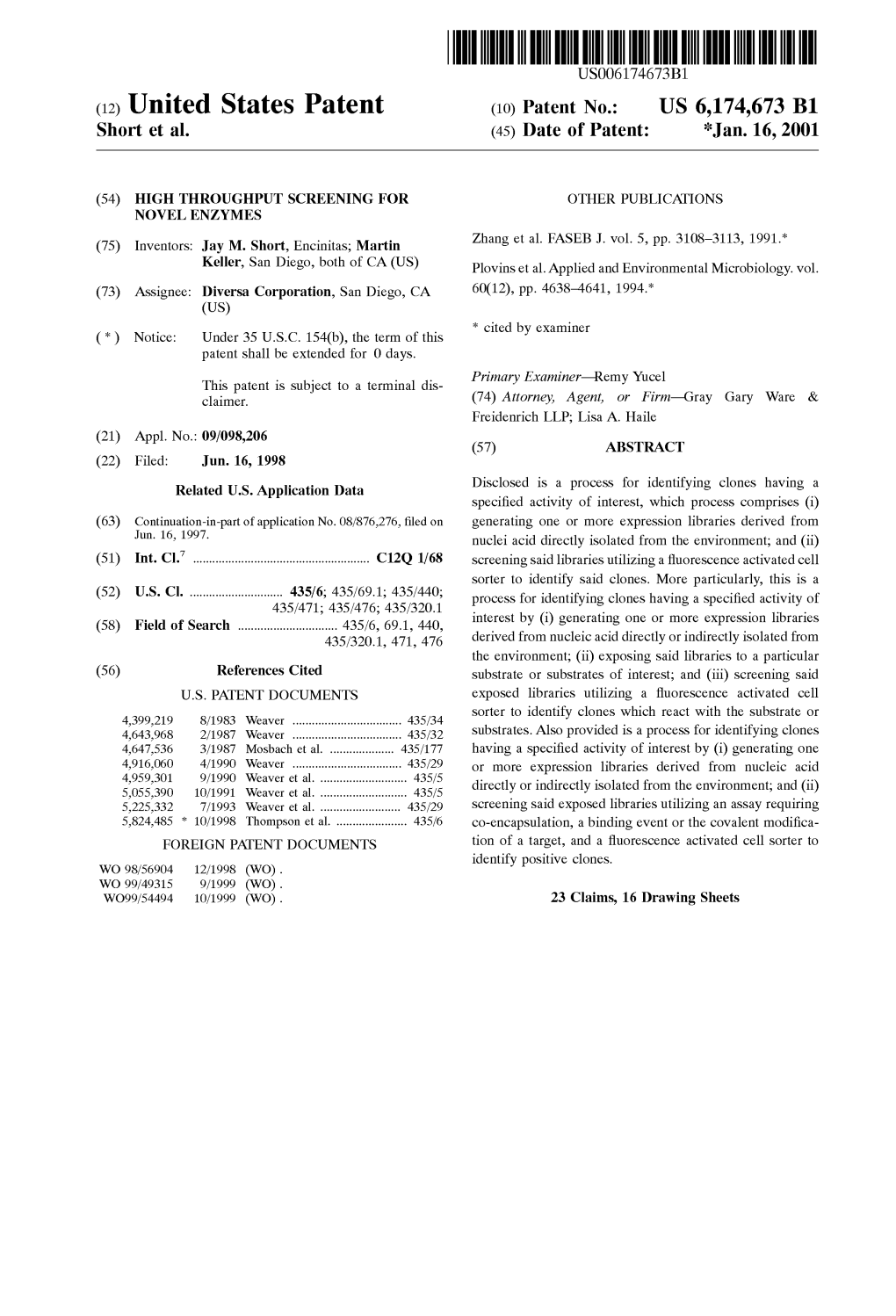 (12) United States Patent (10) Patent No.: US 6,174,673 B1 Short Et Al