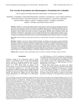 New Records of Myrmicine Ants (Hymenoptera: Formicidae) for Colombia