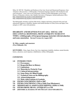 Miles, M. 2007-08. “Disability and Deafness in East Asia: Social and Educational Responses, from Antiquity to Recent Times