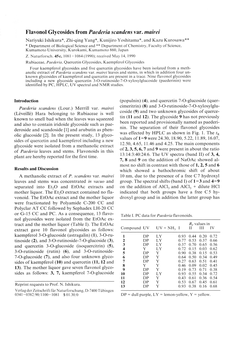 Flavonol Glycosides from Paederia Scandens Var. Mairei