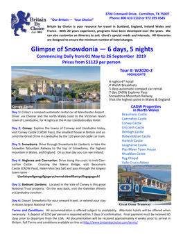 Glimpse of Snowdonia — 6 Days, 5 Nights Commencing Daily from 01 May to 26 September 2019 Prices from $1123 Per Person