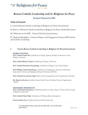 Roman Catholic Leadership And/In Religions for Peace Synopsis Prepared in 2020 Table of Contents I