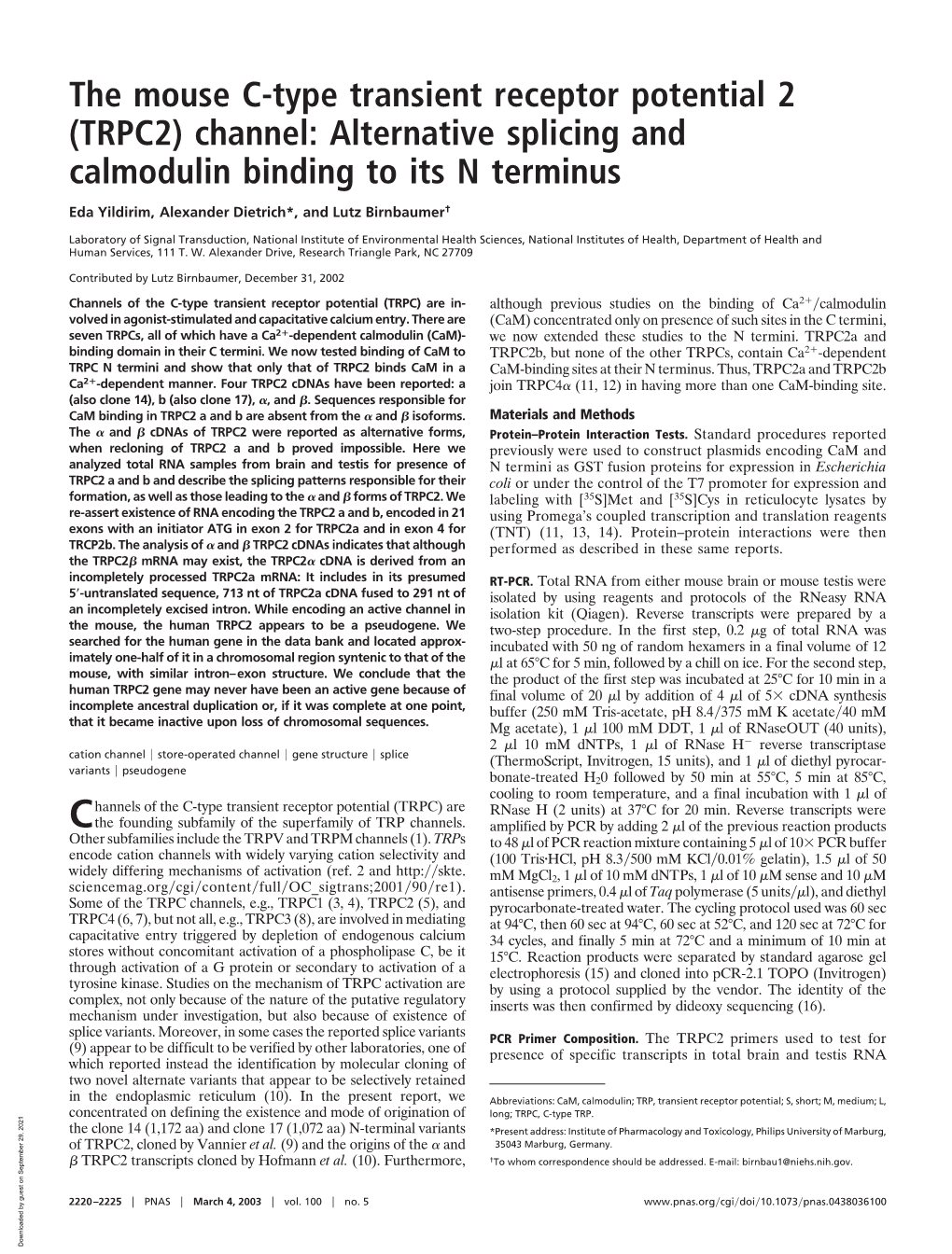 TRPC2) Channel: Alternative Splicing and Calmodulin Binding to Its N Terminus