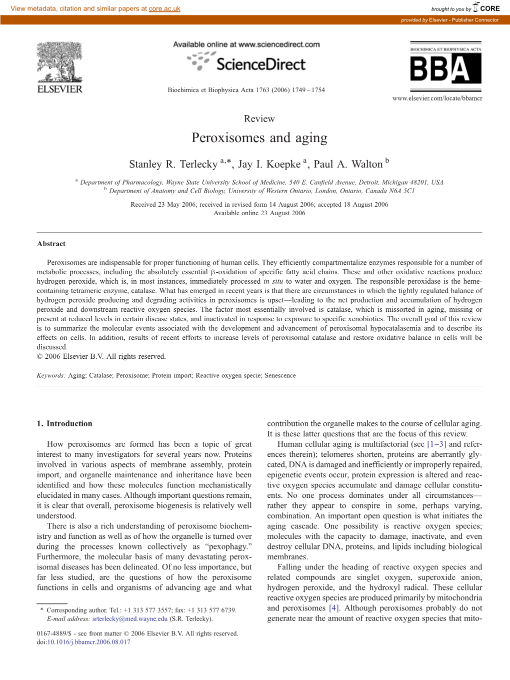 Peroxisomes and Aging ⁎ Stanley R