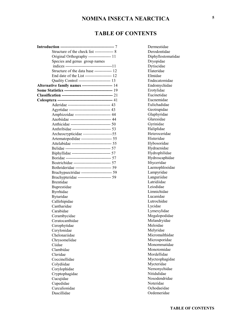 Nomina Insecta Nearctica Table of Contents