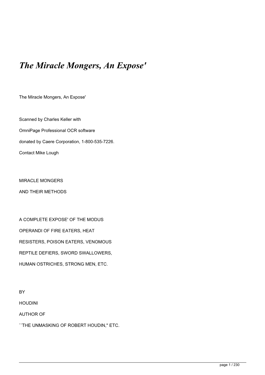 The Miracle Mongers, an Expose'