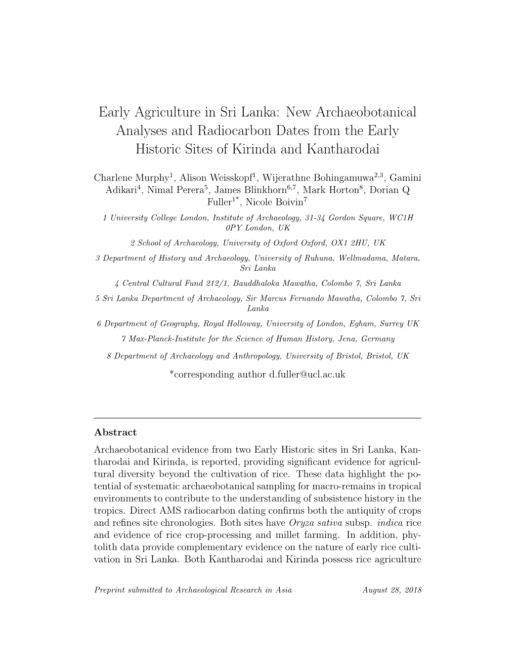 Early Agriculture in Sri Lanka: New Archaeobotanical Analyses and Radiocarbon Dates from the Early Historic Sites of Kirinda and Kantharodai