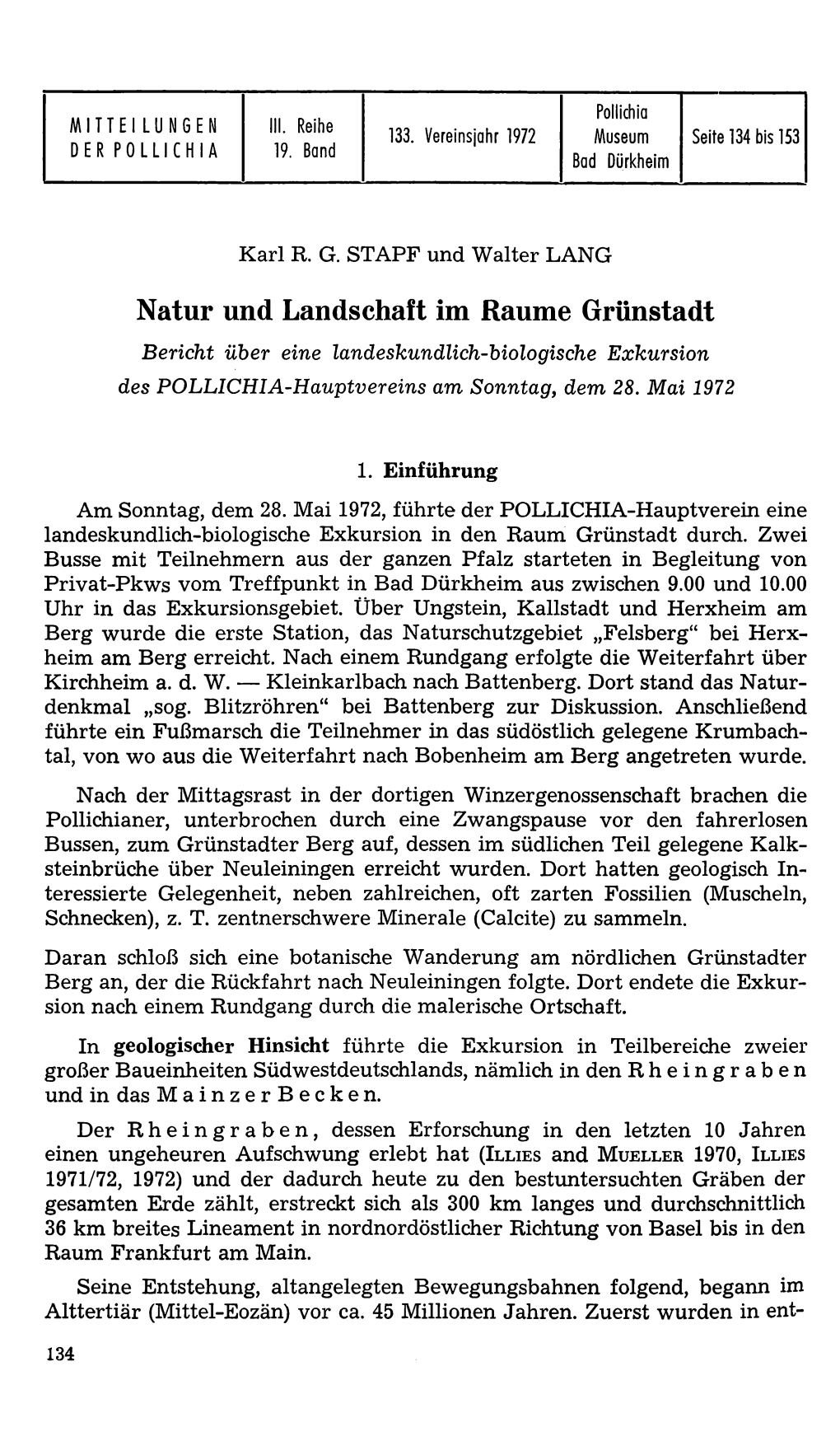 Natur Und Landschaft Im Raume Grünstadt Bericht Über Eine Landeskundlich-Biologische Exkursion Des POLLICHIA-Hauptvereins Am Sonntag , Dem 28