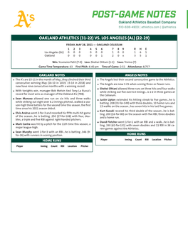 POST-GAME NOTES Oakland Athletics Baseball Company 510-638-4900 | Athletics.Com | @Athletics