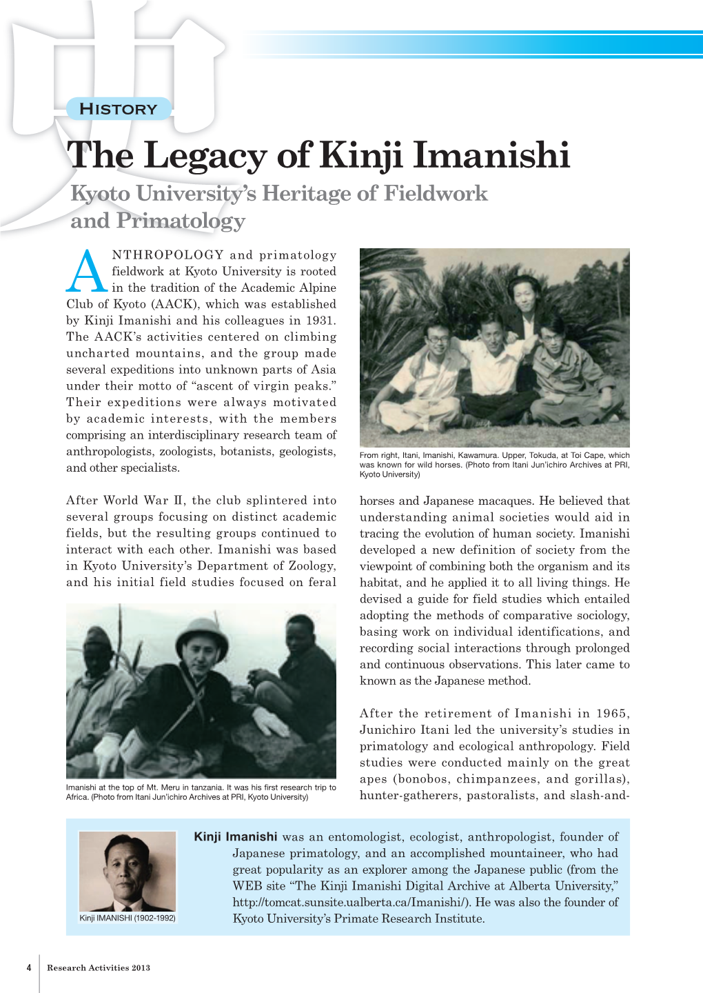 The Legacy of Kinji Imanishi Kyoto University’S Heritage of Fieldwork and Primatology