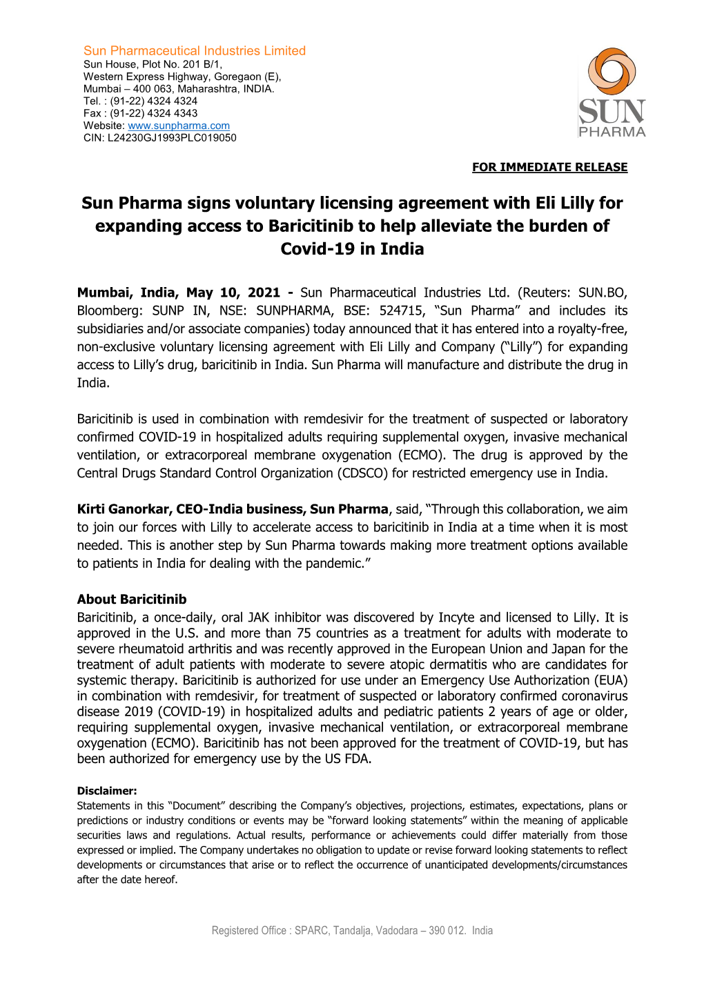 Sun Pharma Signs Voluntary Licensing Agreement with Eli Lilly for Expanding Access to Baricitinib to Help Alleviate the Burden of Covid-19 in India