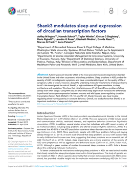 Shank3 Modulates Sleep and Expression of Circadian