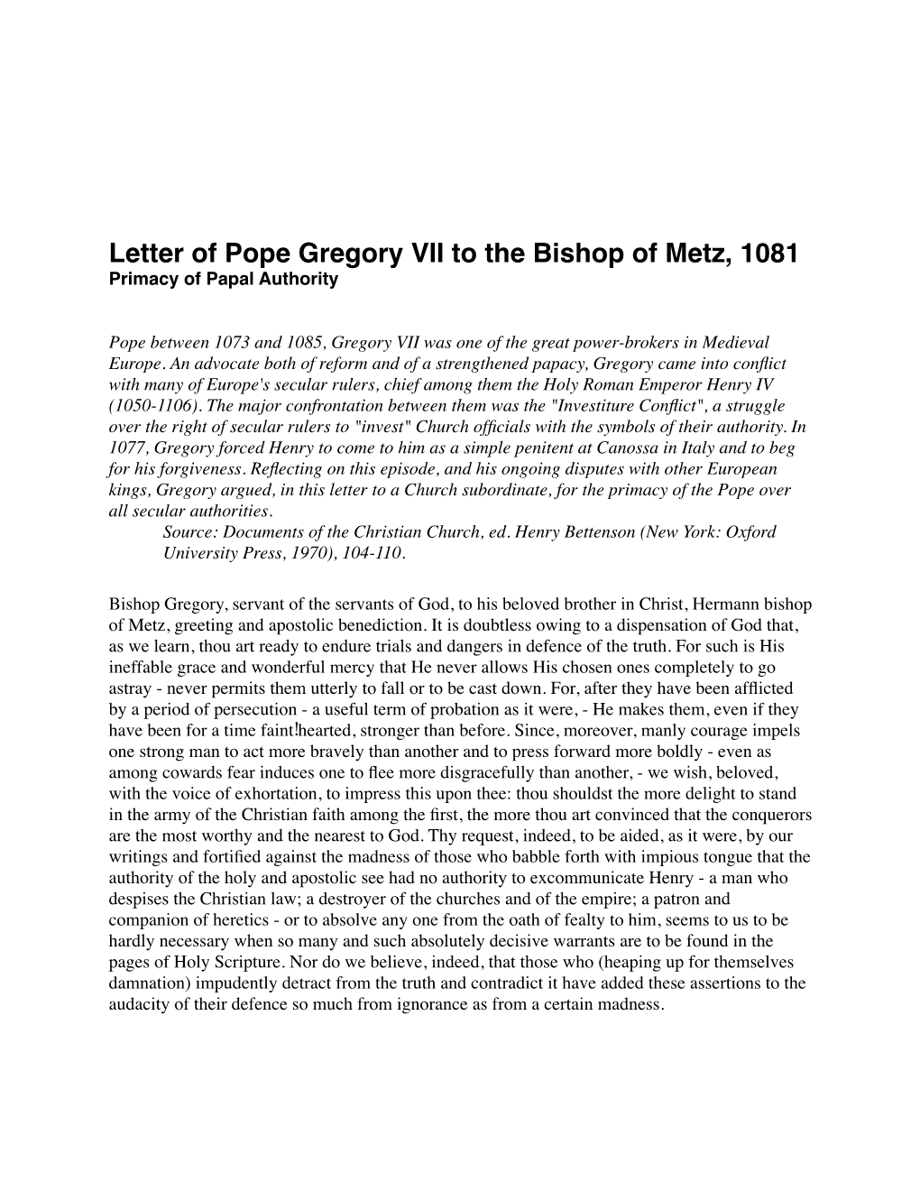 Letter of Pope Gregory VII to the Bishop of Metz, 1081 Primacy of Papal Authority