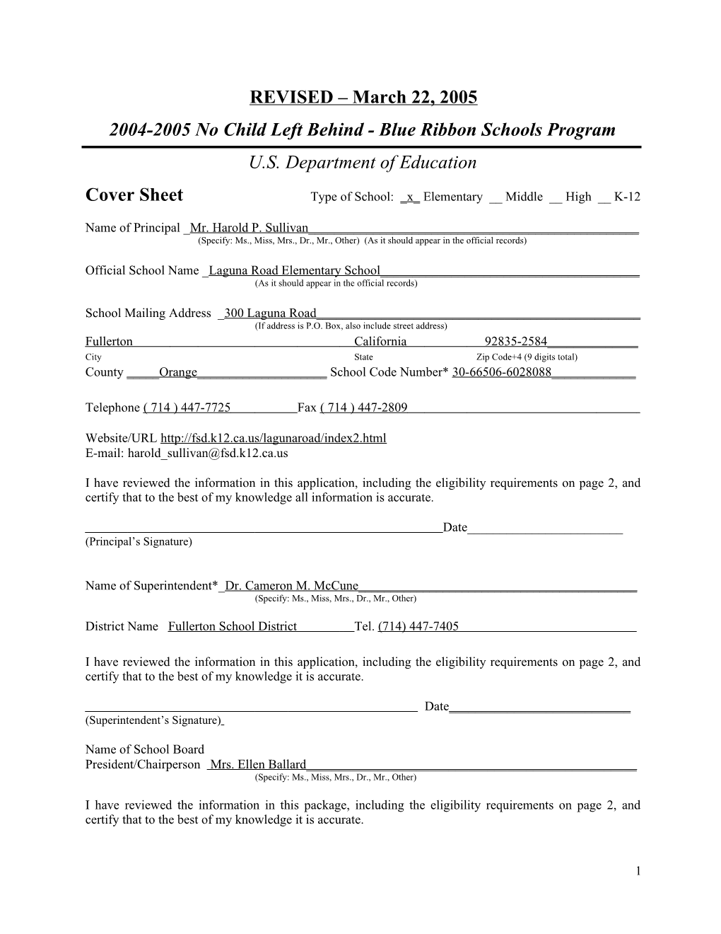 Laguna Road Elementary School Application: 2004-2005, No Child Left Behind - Blue Ribbon