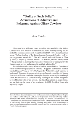 Accusations of Adultery and Polygamy Against Oliver Cowdery