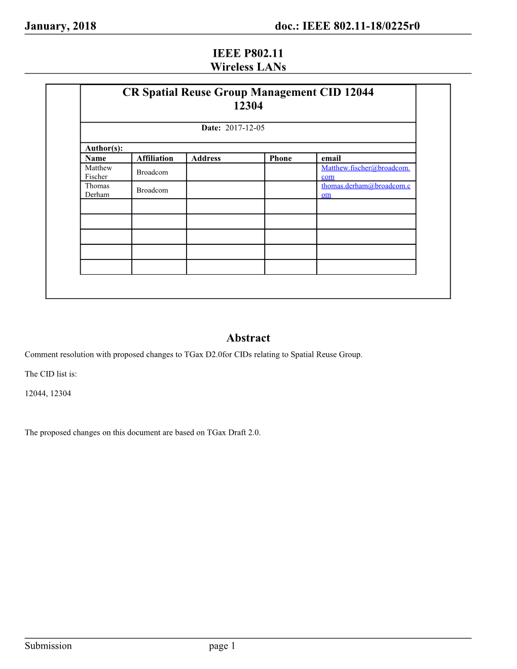 Comment Resolution with Proposed Changes to Tgax D2.0For Cids Relating to Spatial Reuse Group