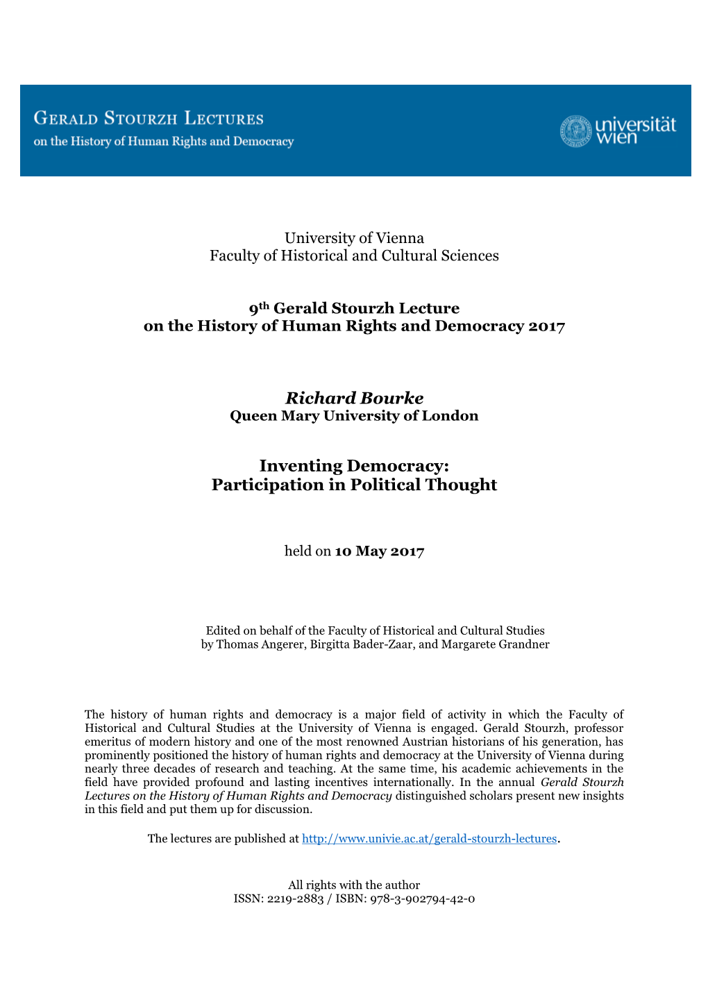 Richard Bourke Inventing Democracy: Participation in Political Thought