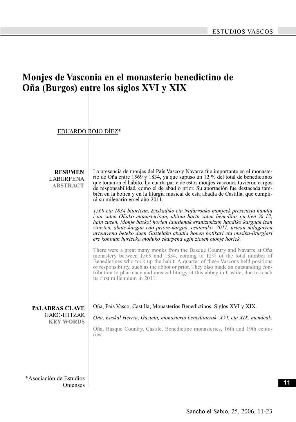 Monjes De Vasconia En El Monasterio Benedictino De Oña (Burgos) Entre Los Siglos XVI Y XIX