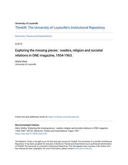 Exploring the Missing Pieces : Readers, Religion and Societal Relations in ONE Magazine, 1954-1963