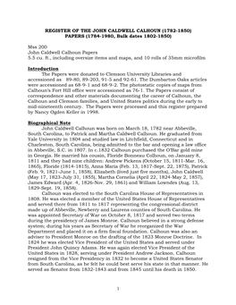 Mss 200 John Caldwell Calhoun Papers 5.5 Cu