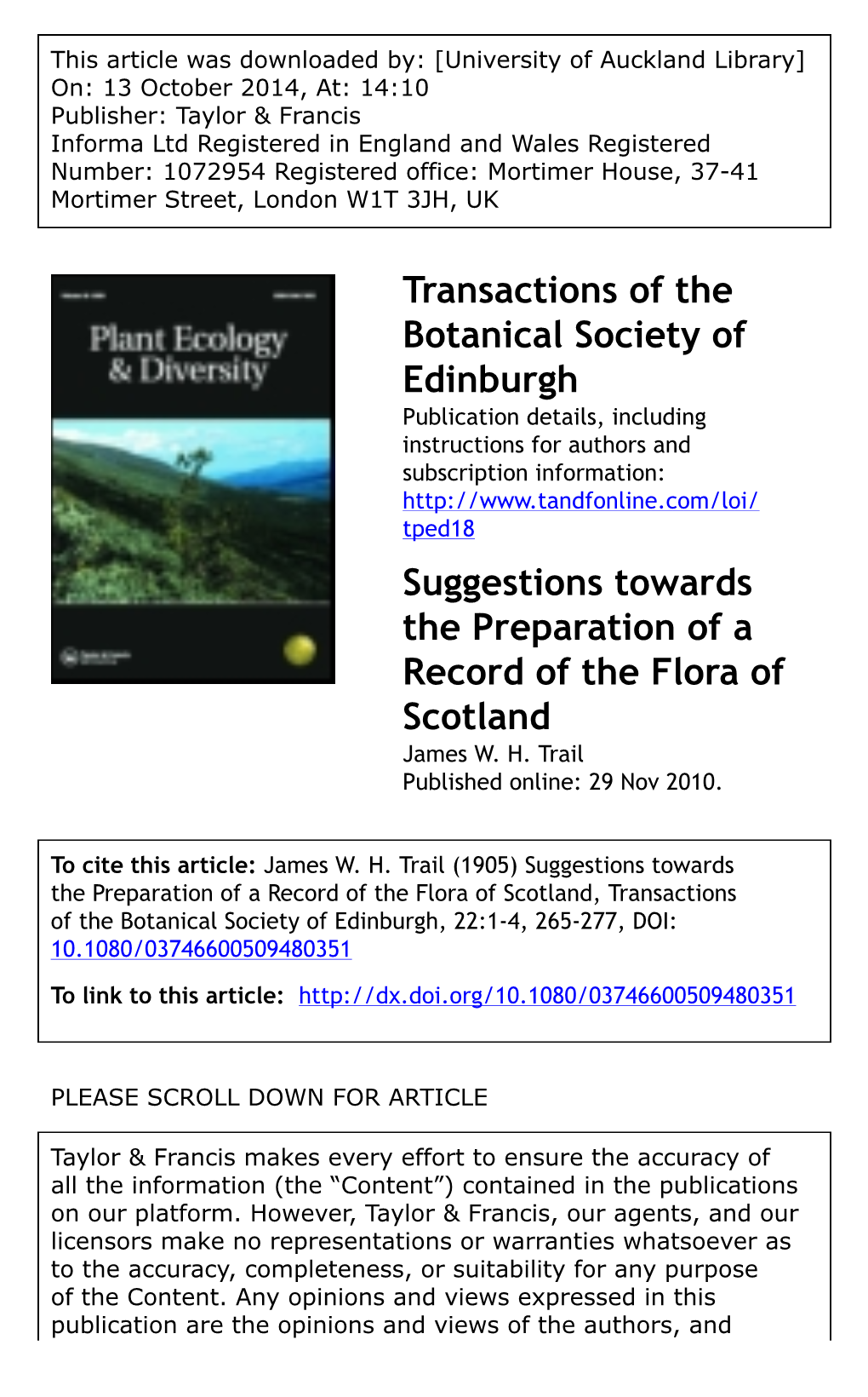 Transactions of the Botanical Society of Edinburgh Suggestions Towards the Preparation of a Record of the Flora of Scotland