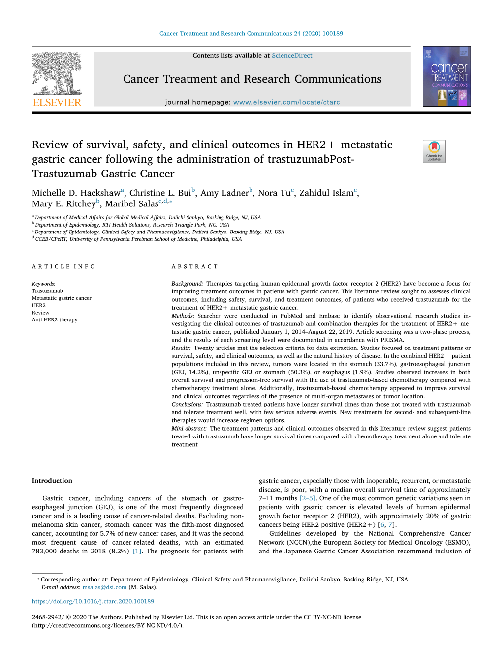 Review of Survival, Safety, and Clinical Outcomes in HER2+ Metastatic Gastric Cancer Following the Administration of Trastuzumabpost- T Trastuzumab Gastric Cancer