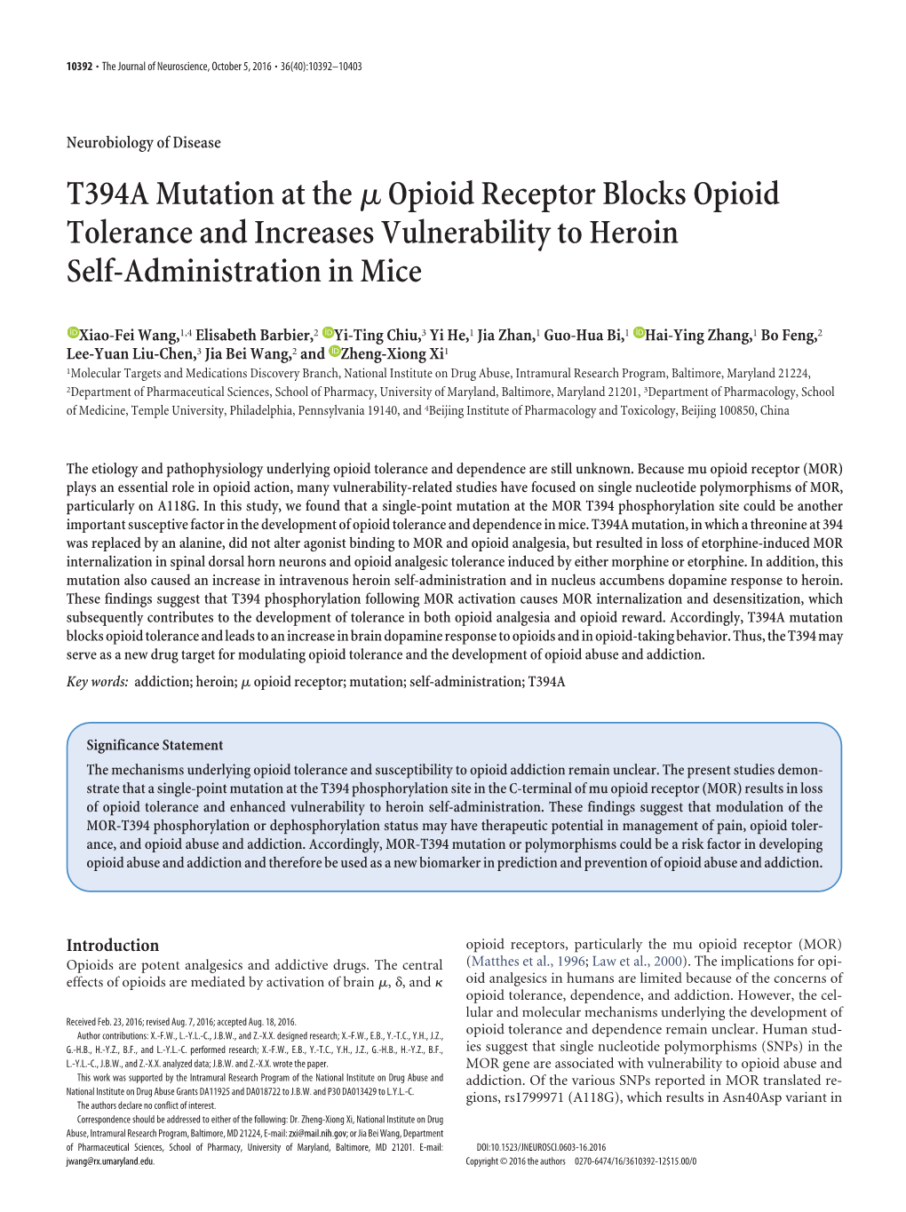 T394A Mutation at the Μ Opioid Receptor Blocks Opioid Tolerance