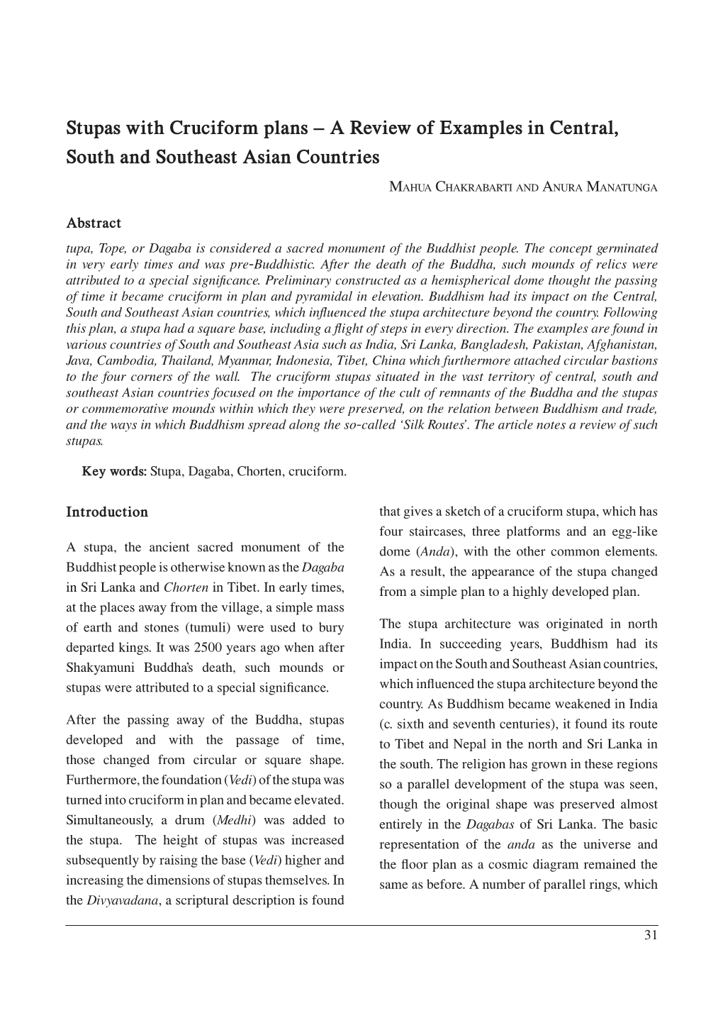 Stupas with Cruciform Plans – a Review of Examples in Central, South and Southeast Asian Countries