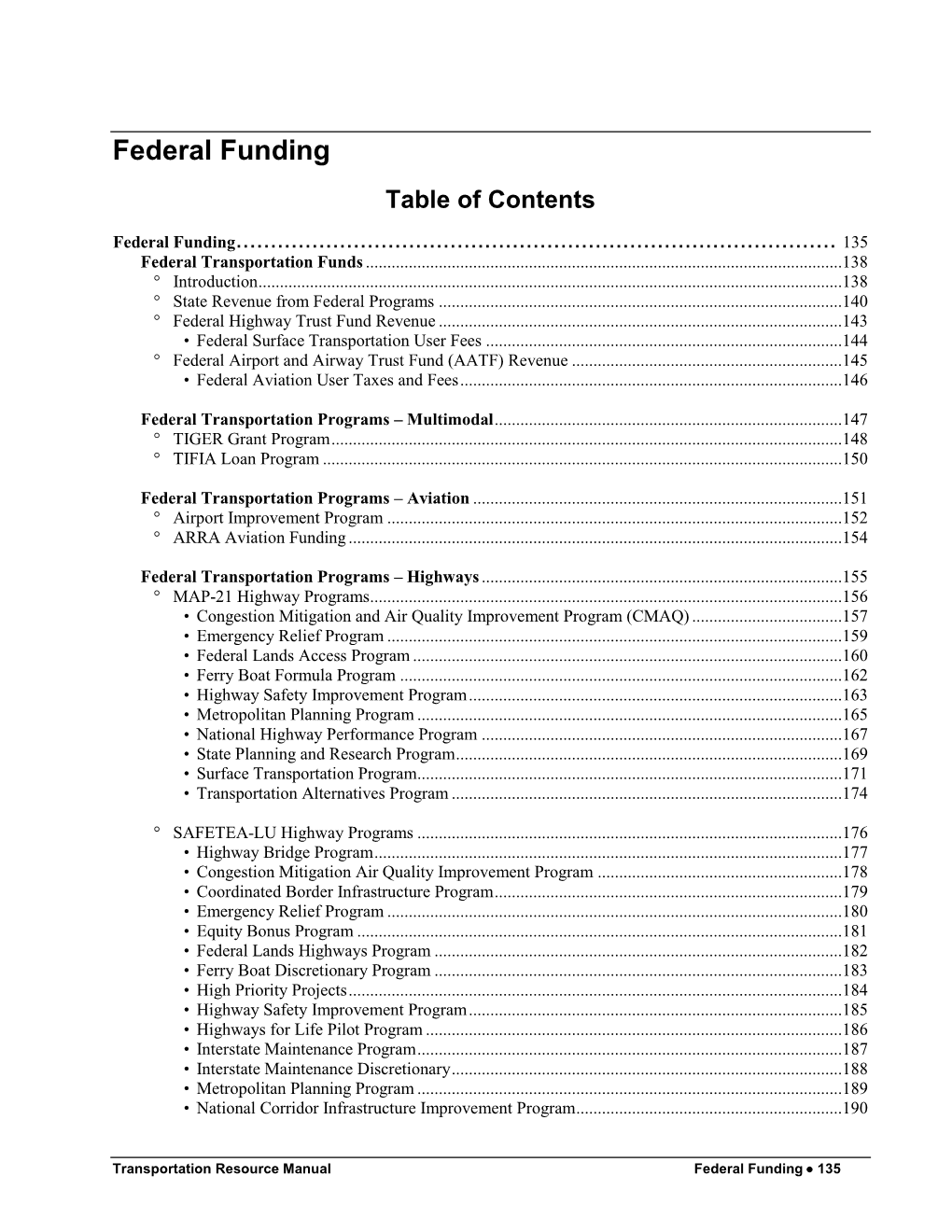 Federal Funding Table of Contents