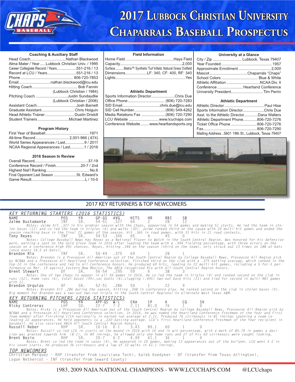 2017 Lubbock Christian University Chaparrals Baseball Prospectus