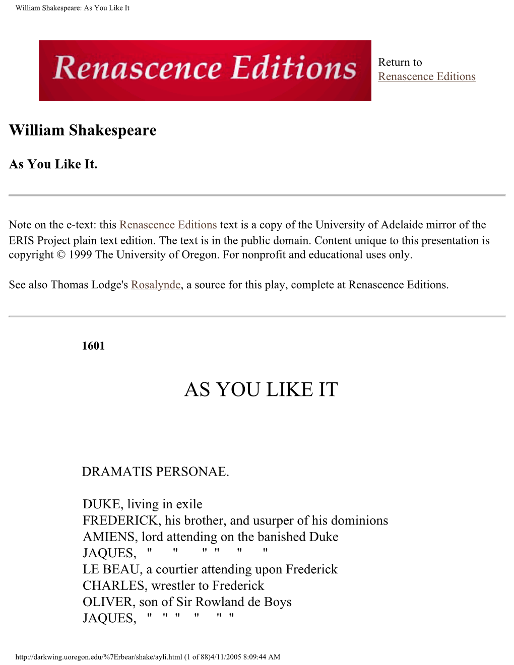 William Shakespeare: As You Like It