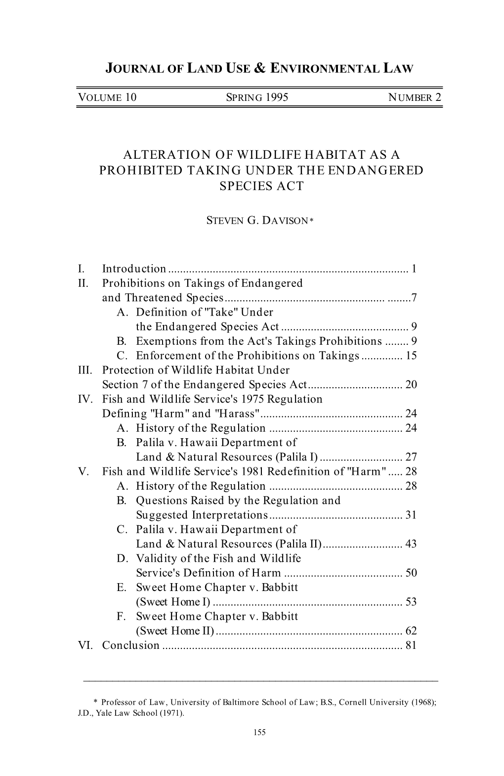 Alteration of Wildlife Habitat As a Prohibited Taking Under the Endangered Species Act