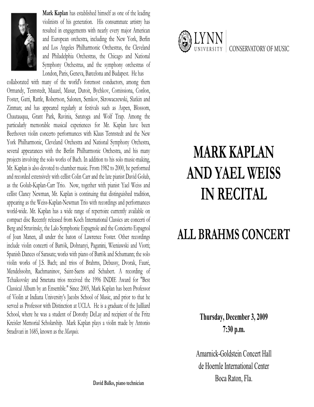 2009-2010 Mark Kaplan and Yael Weiss in Recital: All Brahms Concert