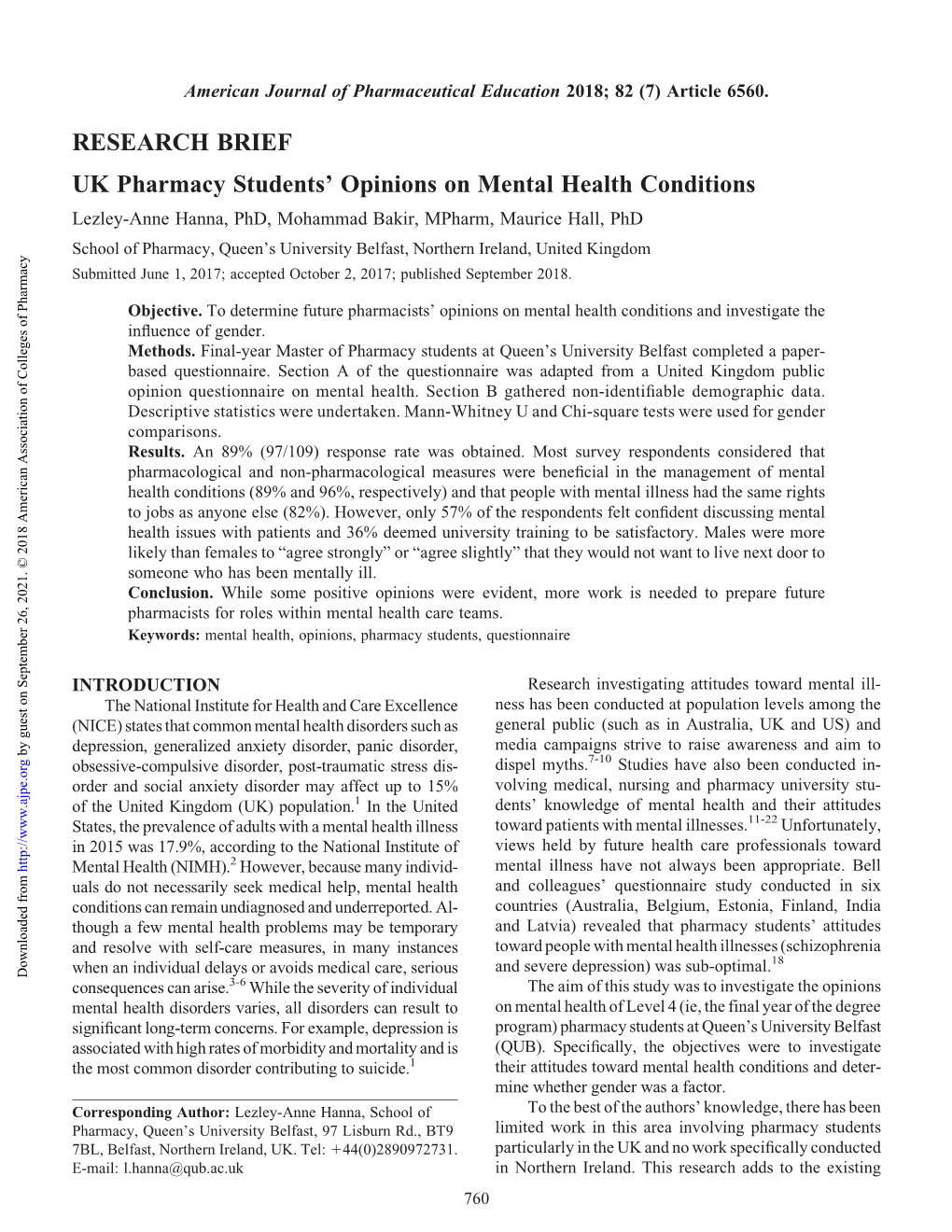 UK Pharmacy Students' Opinions on Mental Health Conditions