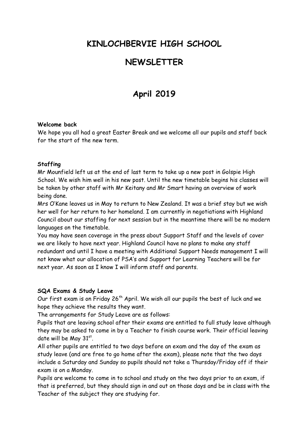 KINLOCHBERVIE HIGH SCHOOL NEWSLETTER April 2019