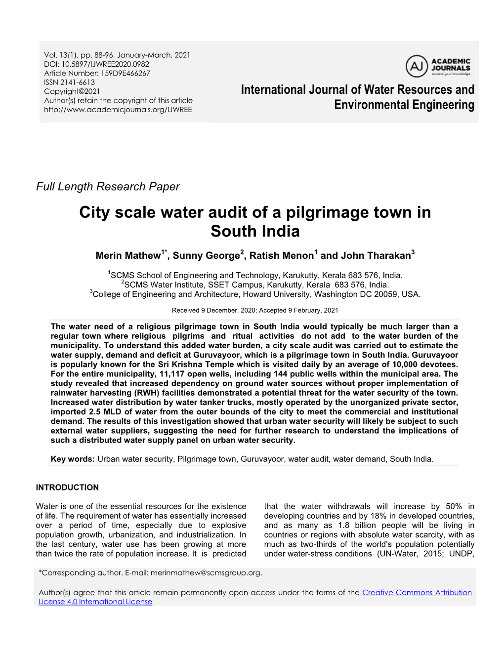 City Scale Water Audit of a Pilgrimage Town in South India