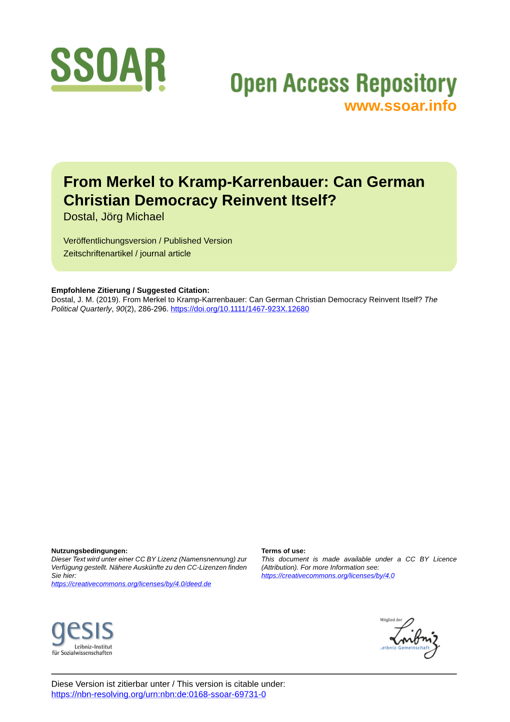 From Merkel to Kramp‐Karrenbauer: Can German Christian Democracy Reinvent Itself? Dostal, Jörg Michael