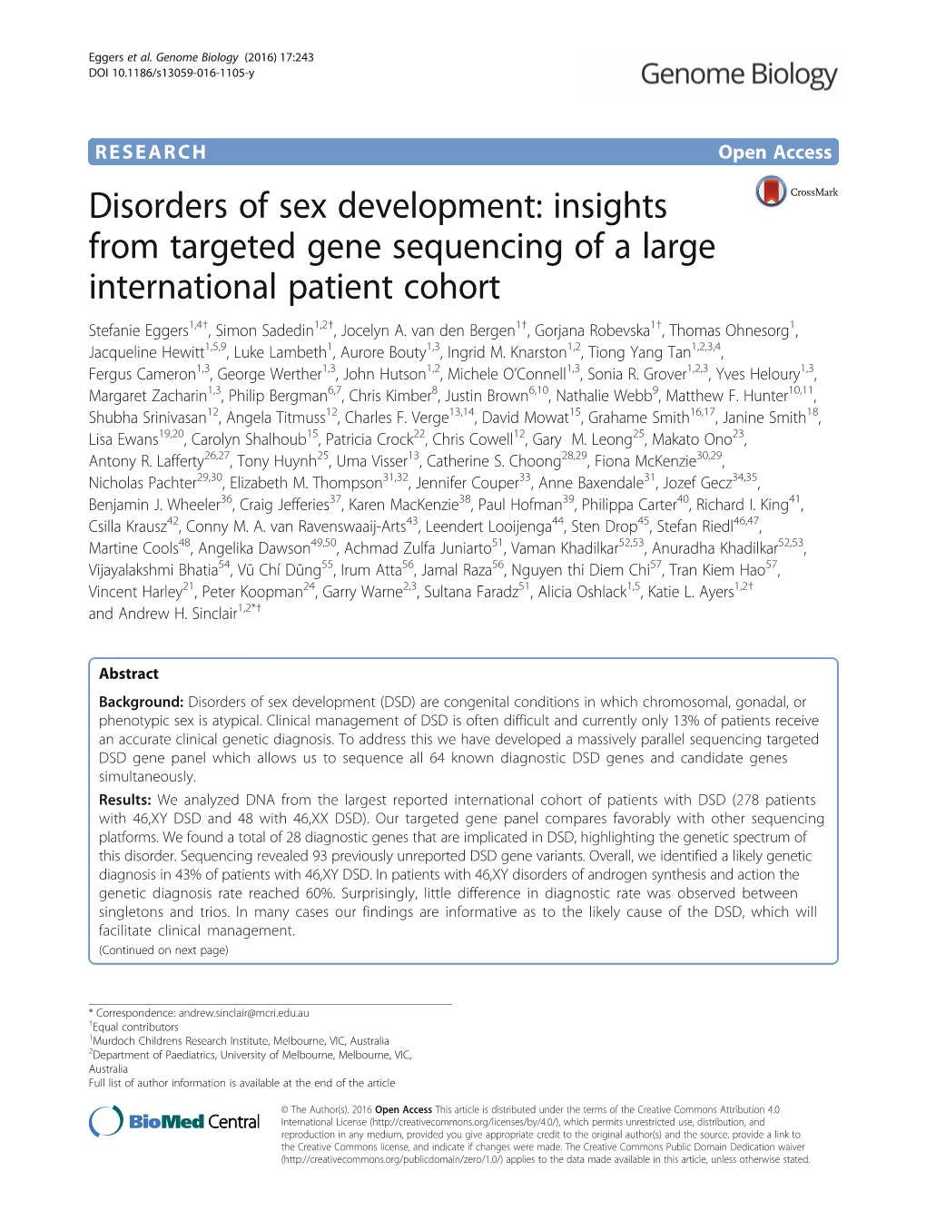 Disorders of Sex Development: Insights from Targeted Gene Sequencing of a Large International Patient Cohort Stefanie Eggers1,4†, Simon Sadedin1,2†, Jocelyn A