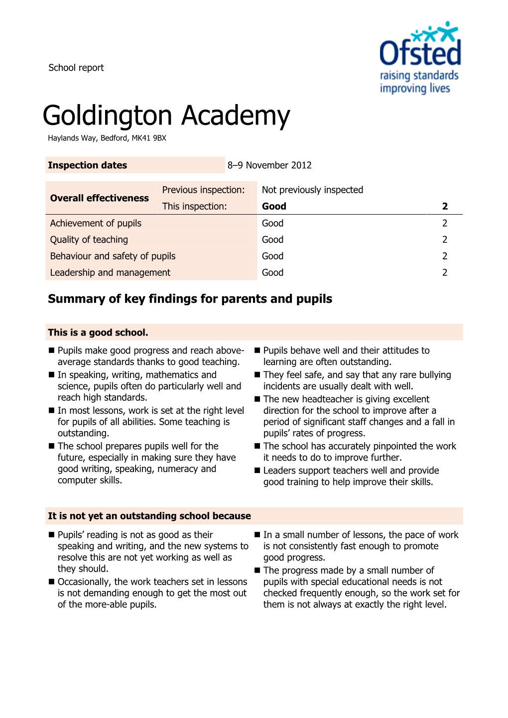 Goldington Academy Haylands Way, Bedford, MK41 9BX