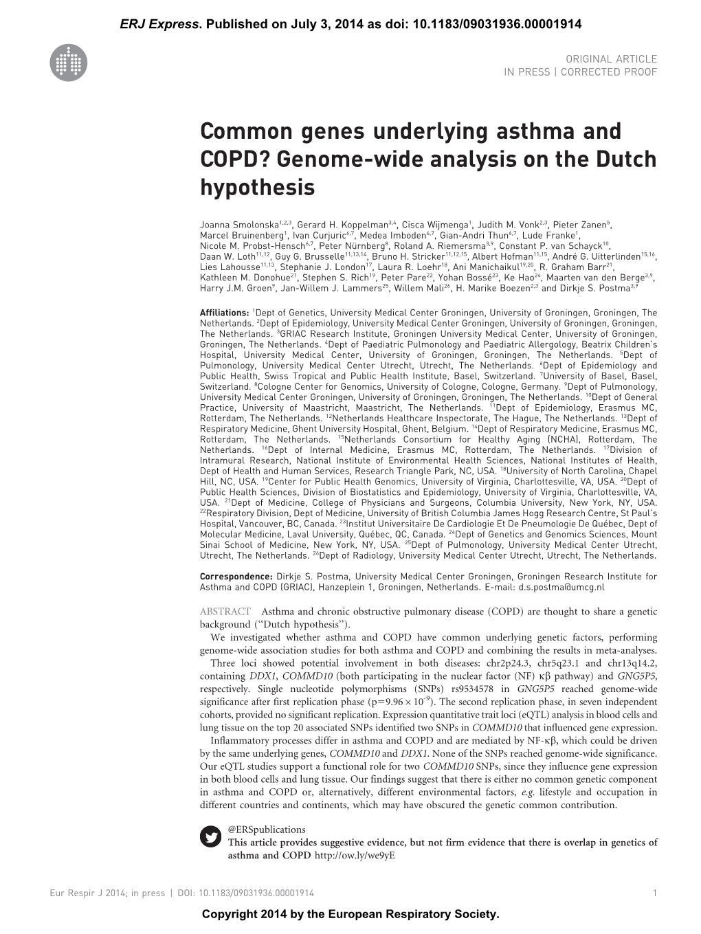 Common Genes Underlying Asthma and COPD? Genome-Wide Analysis on the Dutch Hypothesis