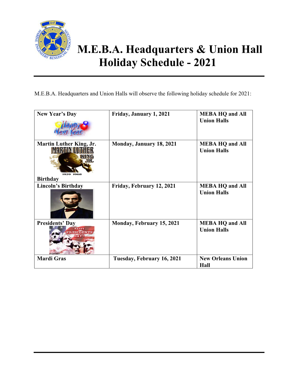 M.E.B.A. Headquarters & Union Hall Holiday Schedule