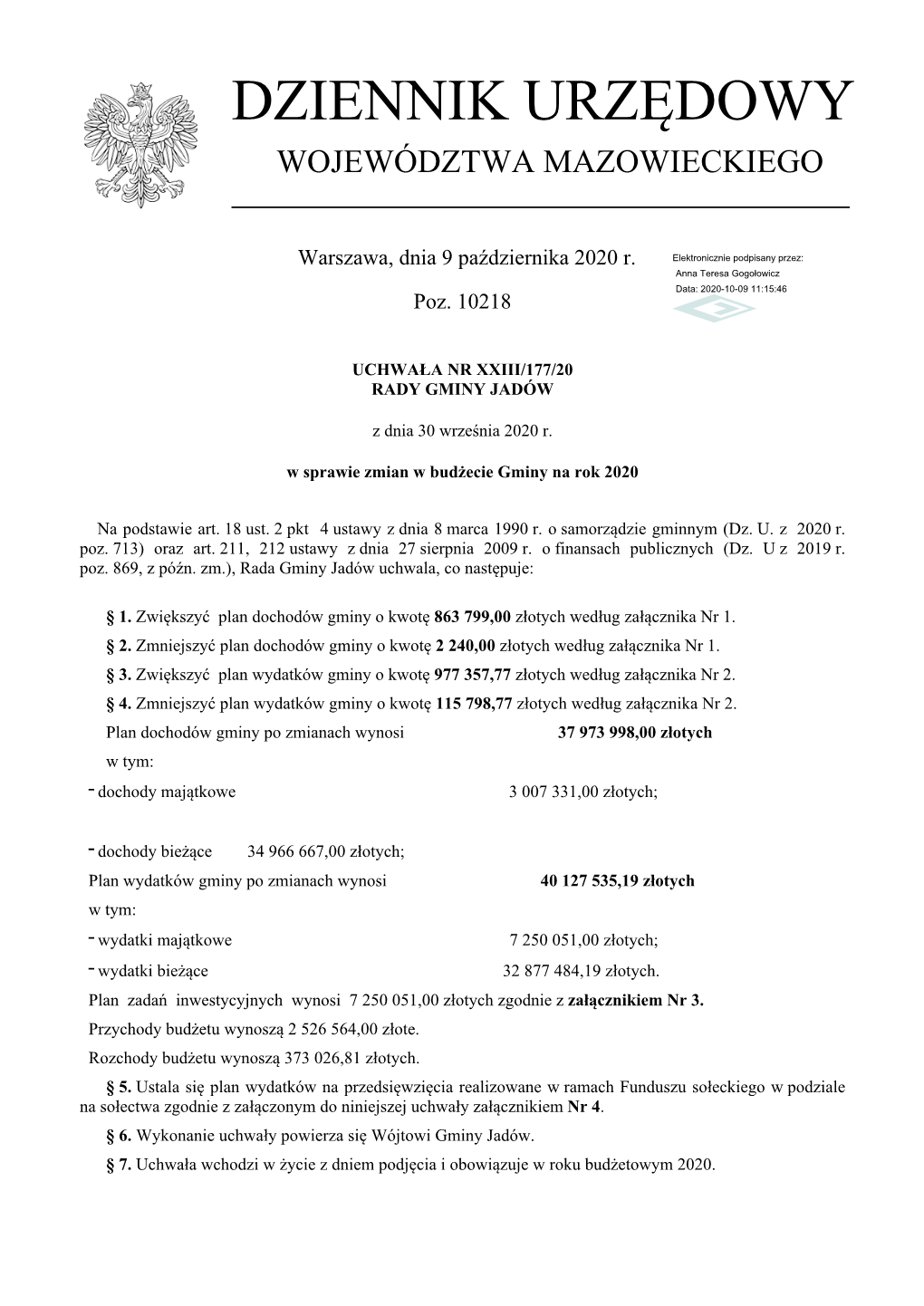 Uchwala Nr XXIII/177/20 Z Dnia 30 Wrzesnia 2020 R