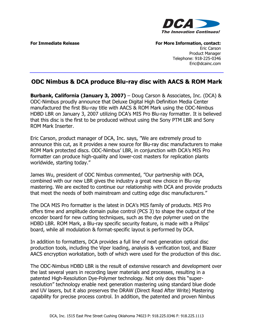 ODC Nimbus & DCA Produce Blu-Ray Disc with AACS & ROM Mark